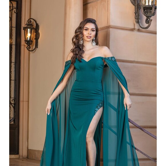 New Off Shoulder Sheath Dress w/ Beads Embroidery & Shoulder Drapes DQ 4306 - Picture 1 of 9